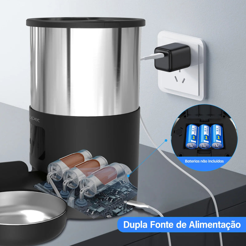 Alimentador para animais de estimação 5L com microfone Alimentador automático para gatos Dispensador de comida para cães inteligente WiFi Tempo Quantitativo Tigela de alimentação em aço inoxidável