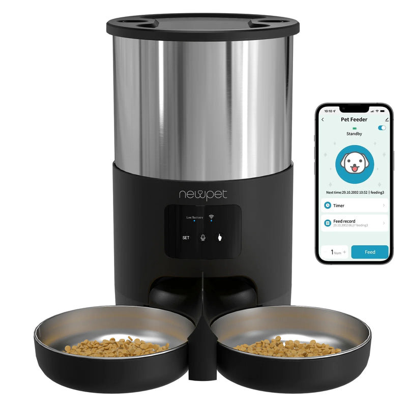 Alimentador para animais de estimação 5L com microfone Alimentador automático para gatos Dispensador de comida para cães inteligente WiFi Tempo Quantitativo Tigela de alimentação em aço inoxidável