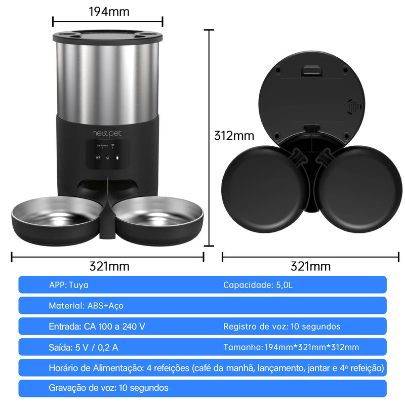 Alimentador para animais de estimação 5L com microfone Alimentador automático para gatos Dispensador de comida para cães inteligente WiFi Tempo Quantitativo Tigela de alimentação em aço inoxidável